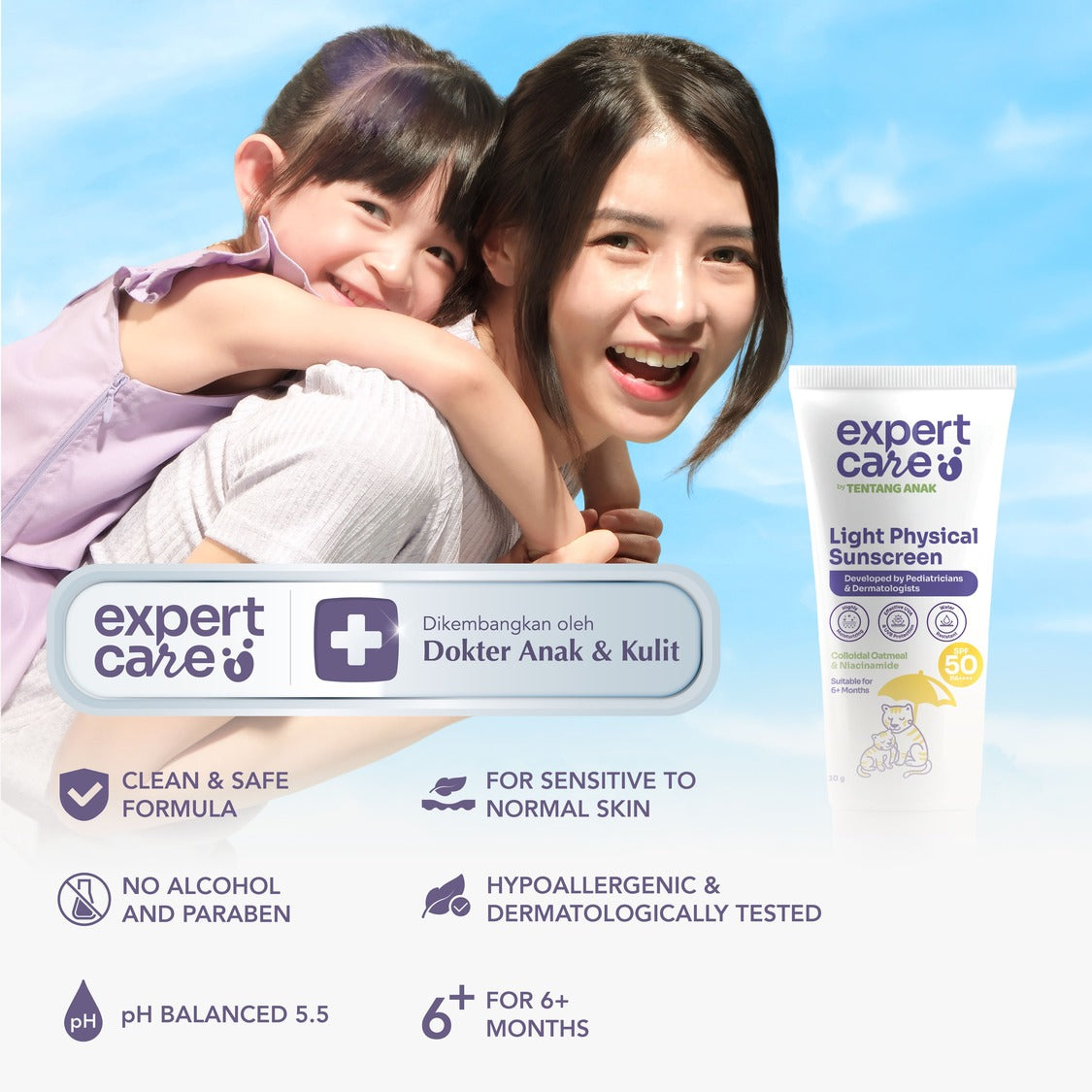 Expert Care Light Physical Sunscreen Anak SPF 50+ PA++++ 30g Sunscreen Anak & Bayi, Kulit Sensitif | Physical Sunscreen Wajah & Tubuh | Multiple Ceramides & Colloidal Oatmeal